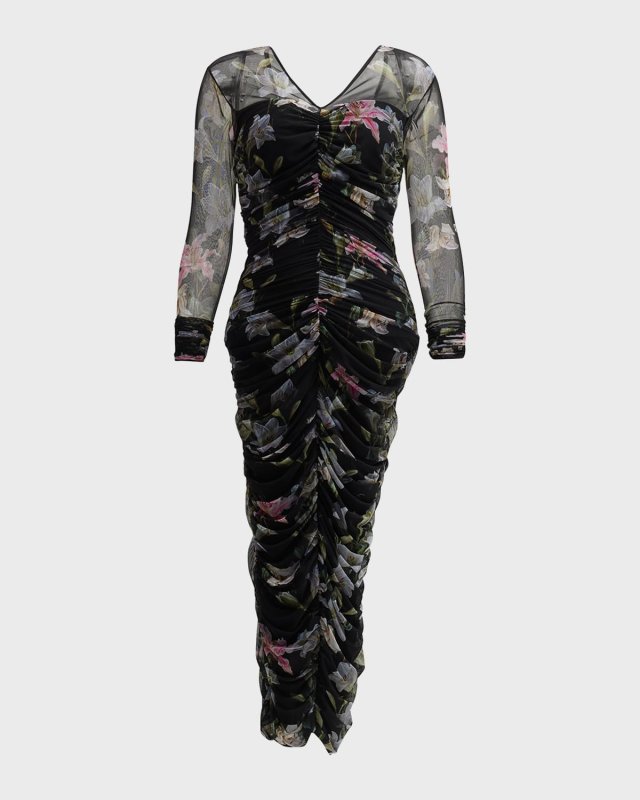 Amonia Illusion-Sleeve Floral-Print Midi Dress